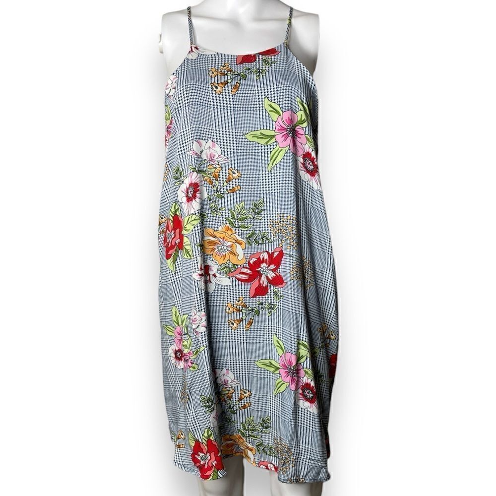 I Joah High Neck Houndstooth Floral Mini Dress Blue & White Size Medium